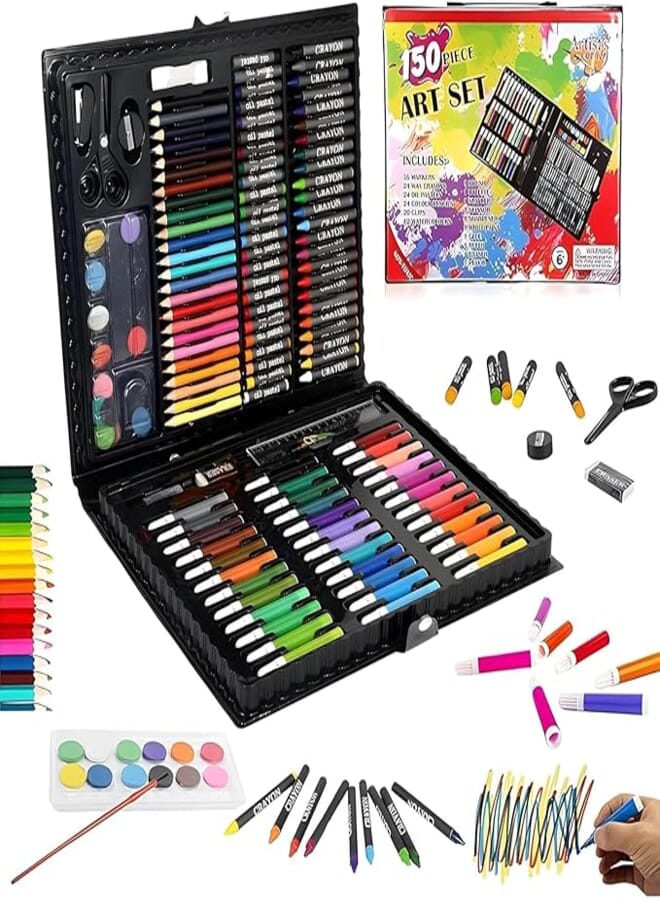 Elvana Professional Color Pencil Child Drawing Set,Painting Set Colored Pencils for Children Art Supplies for Kids,Art Set for Drawing Painting & More with Portable Art Box-Drawing set 150 Pc,Black